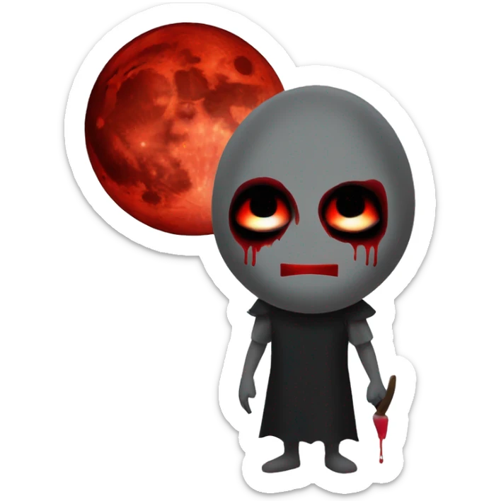 a gu with a creepy smiling mask color red black grey and a blood moon in the background sticker