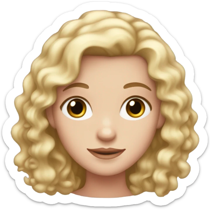 A girl with long blond curly hair and brown eyes. She has pale skin and a pink dress on sticker