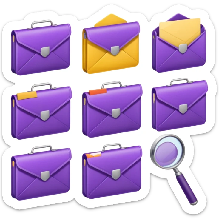simple, minimalistic yellow (hex#FFD008) and purple (hex#8C52FF) icons of a pin, a working case, a folder, a magnifier, an email, an envelope. 6 icons in total sticker