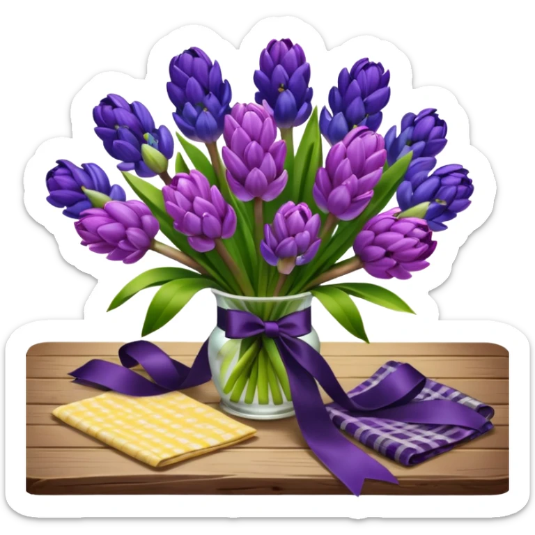 A lush bouquet of bright prple color Hyacinths black satin ribbon, resting on an antique wooden table, with a pale yellow and pink plaid pattern table cloth sticker