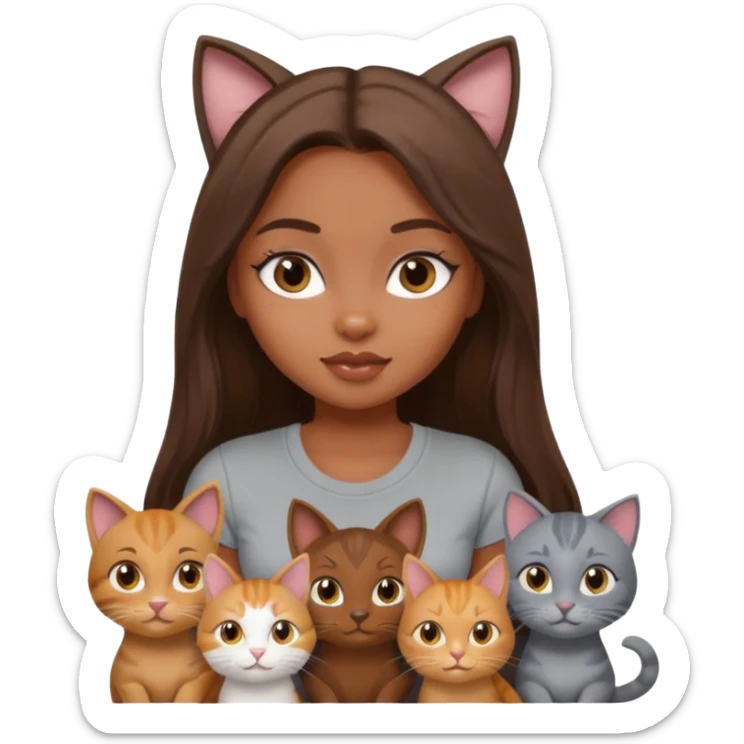 a pretty bratz dusky girl with long brown hair with six cats nd wearing a grey tshirt sticker