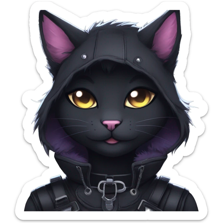 Gorgeous furry gothic dark techwear anime style anthro black cat furry sona Fakemon with blushing face aesthetic and pretty edgy black with collar and harness trending style sticker