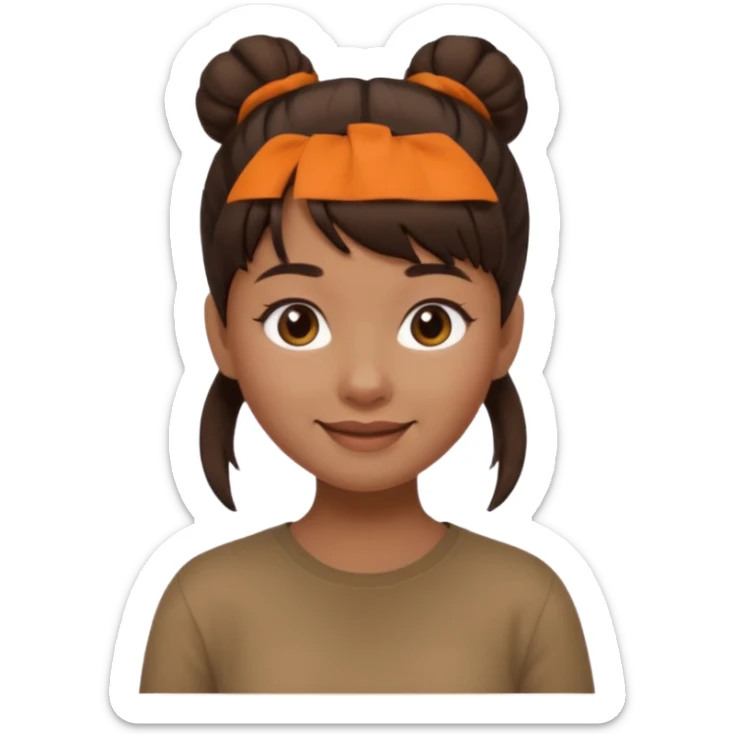 In Apple Memoji format, a girl with dark brown hair. She has bangs and her hair is in a singular high bun. The girl is arab and has light brown skin. She is wearing a brown shirt. She is soft smiling, no teeth shown. sticker