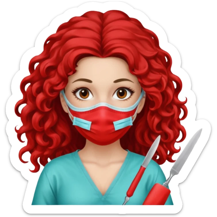 Lilith symbol seductress long curly hair evil surgeon.  brown hair. Red surgical mask and hair covering. She works for cartel and kills  with a scalpel. sticker
