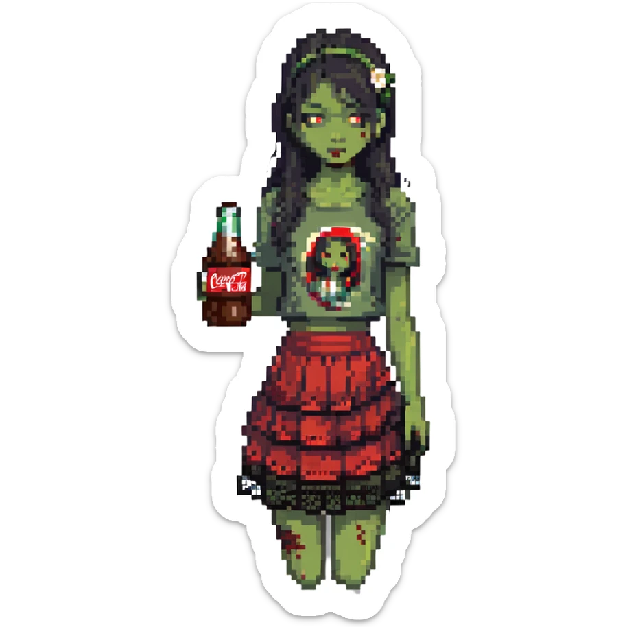 Generate an Asian girl, dark-haired, she's a zombie, wearing a skirt with lace, slightly torn,

Holding a bottle of Coca-Cola in her hands.

Background - a dark street in the style of Gotham City. sticker