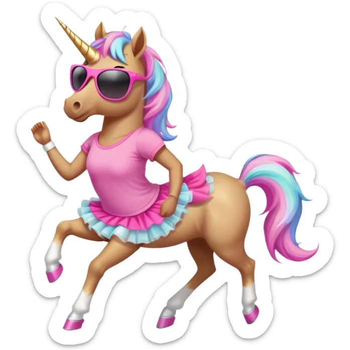 friendly anthropomorphised female unicorn with horse-like face, in tutu and pink t-shirt, wearing dark sunglasses, jogging upright in standard pose sticker