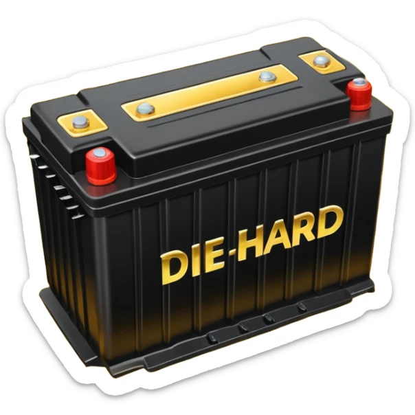 black car battery labeled 'Die Hard' with golden energy waves surrounding it, highlighting its strength sticker