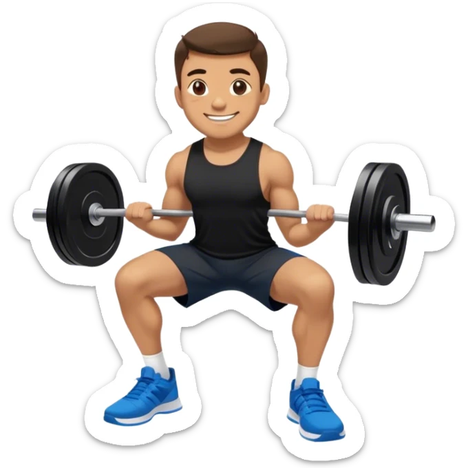 smiling man black shorts black t shirt blue shoes barbell squats sticker