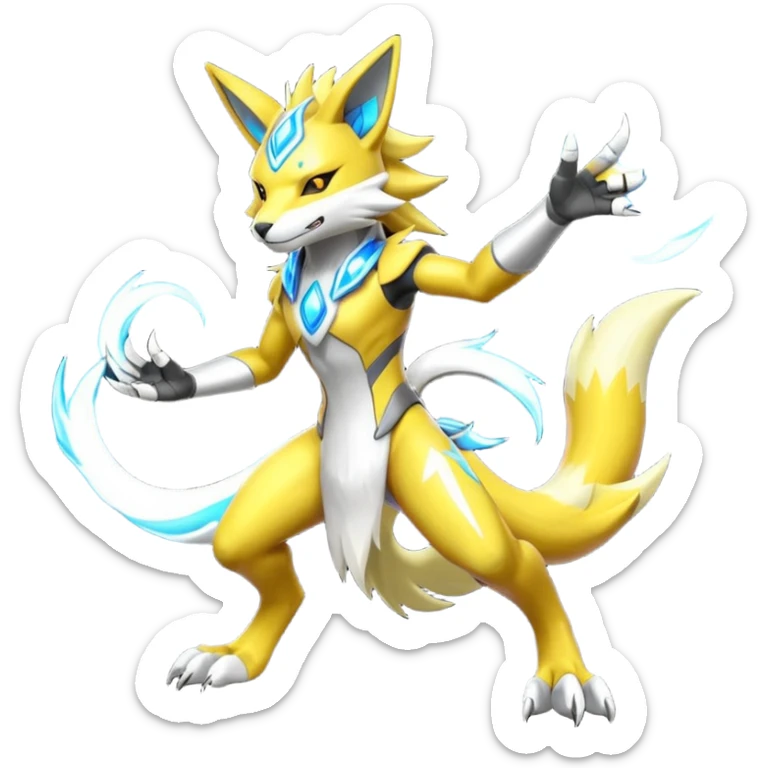 Modern futuristic shiny colorful Lombax-Zeraora-Renamon-fusion (full body) sticker