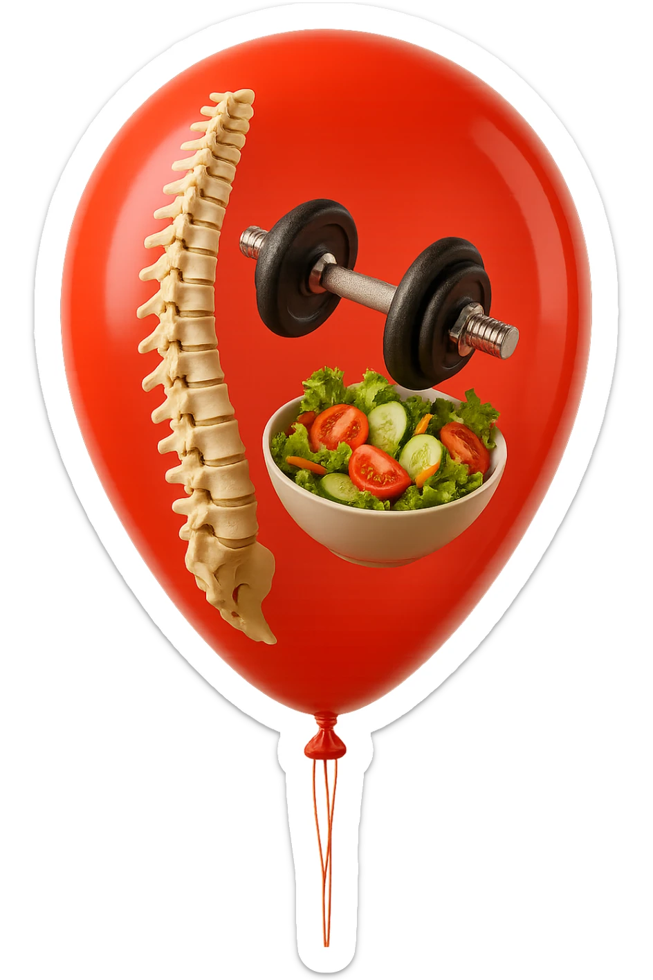 palloncino rosso con all'interno insalata, manubri da palestra e una spina dorsale anatomica realistica in 3d, isolato su sfondo bianco sticker