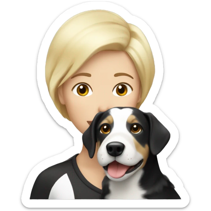lesbian woman with short blonde hair kissing a black and white épagneul breton dog sticker