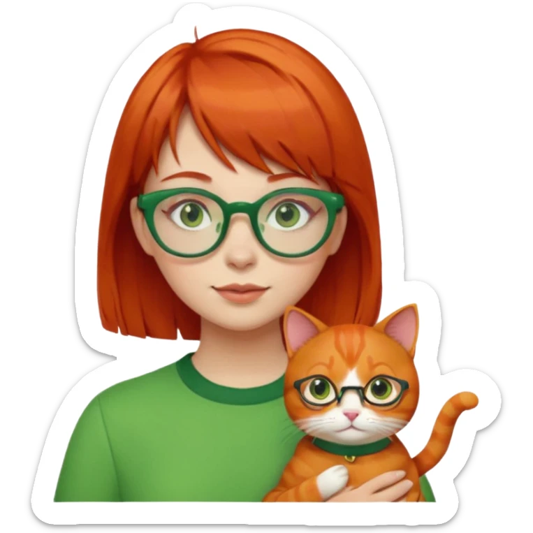 Red hair girl with short bangs and green glasses holding orange cat  sticker
