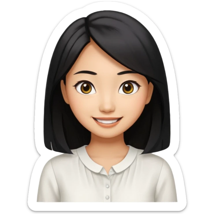 30 yr old asian woman center parted hair big eyes big smile tanned skin straight black hair hippie part hair white blouse shoulder length hair sticker