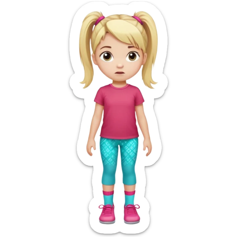 Little girl with blonde hair in ponytail with pink hair tie, wearing red t-shirt and turquoise patterned pants, light socks, serious facial expression sticker