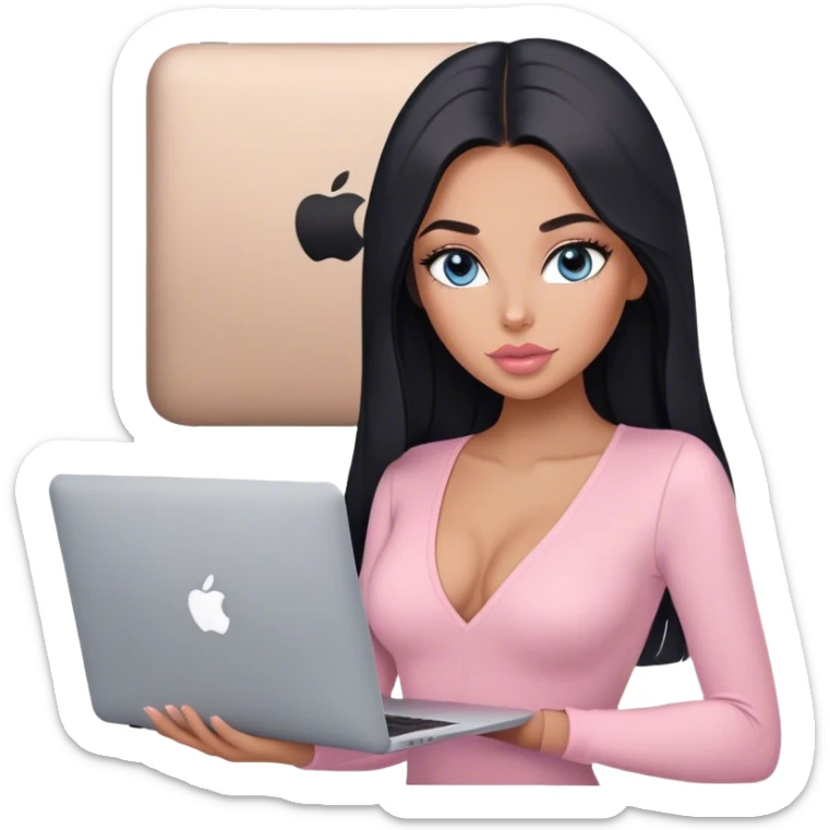 Glamours, tanned, very beautiful girl, with big pump peach-beige-rose lips, long lashes, black straight smooth silky long hair, straight parting hair, blue-grey eyes, in light-pink v-neck bodysuit holding MacBook sticker