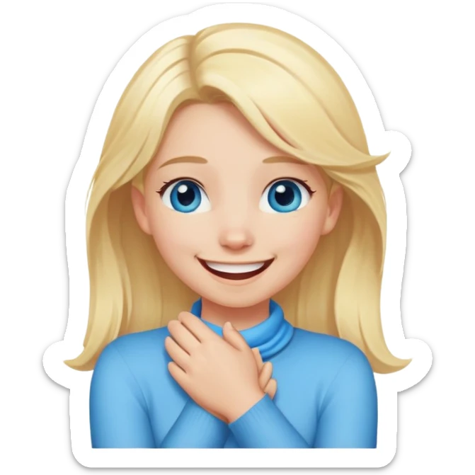 a girl with blonde hair blue eyes and her hands crossed around her neck while laughing sticker