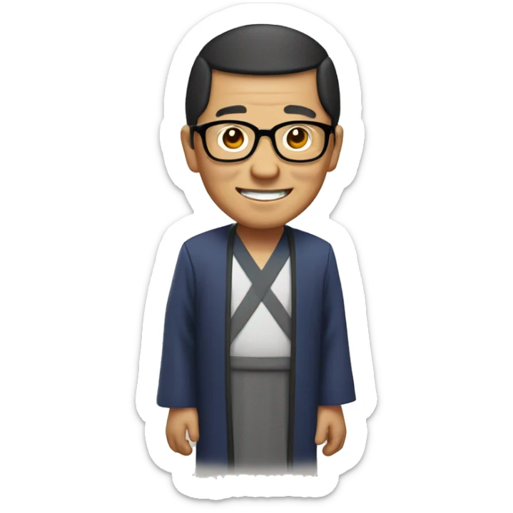 old hmong priest with black hair, smiling with teeth and glasses sticker