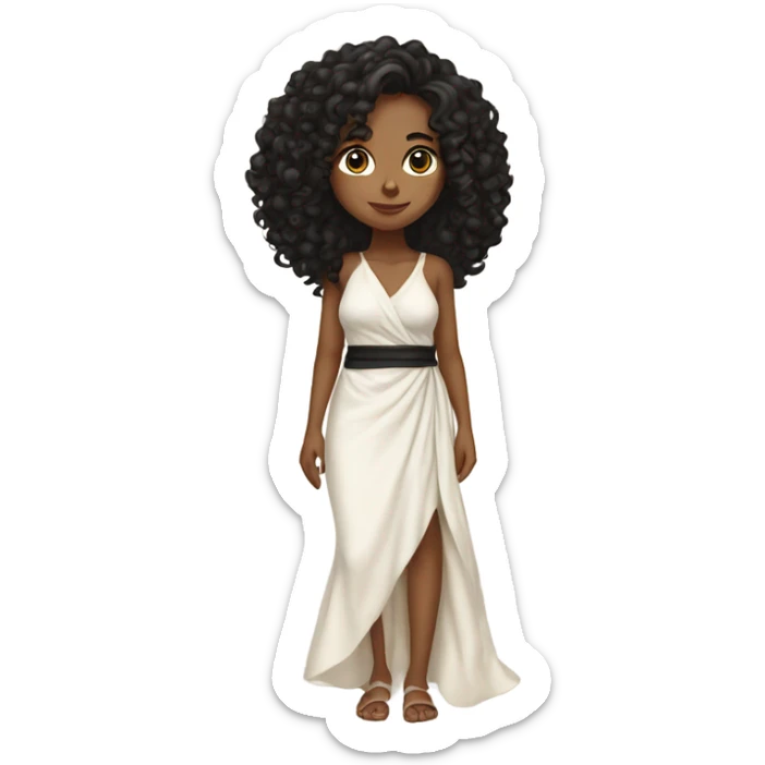 Tan girl with black long curly hair and white wrap around dress full body sticker