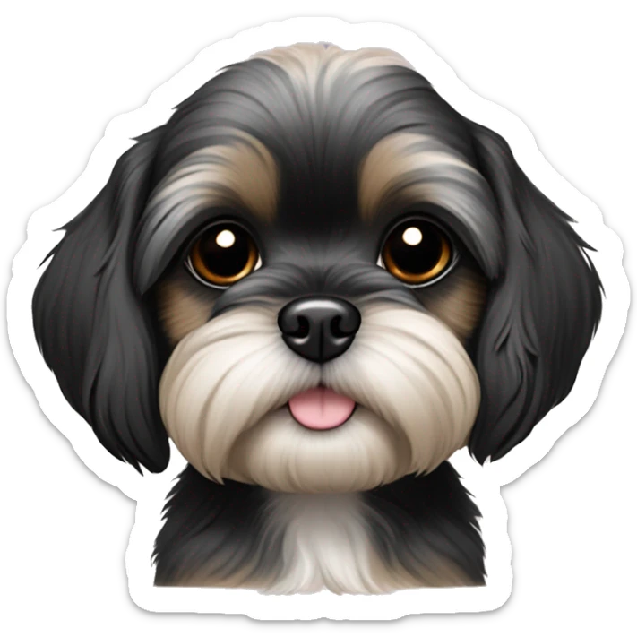 Shih tzu black puppy, yorkie coloring with light colored eyebrows. Round face, short ears. Looks like teddy bear  sticker