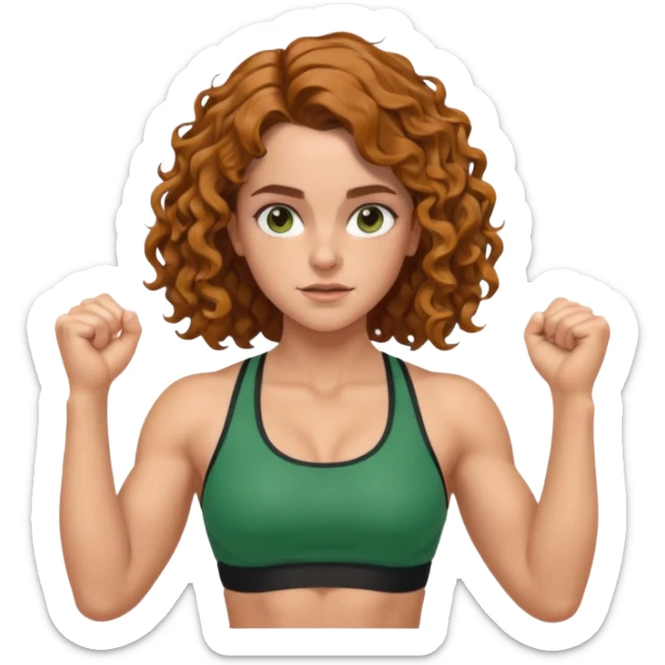 big biceps, muscled torso, very beautiful italian happy girl, looking like Emma Watson, with wavy curly bright hazelnut hair, dressed in green bra sports outfit, pulling up sticker