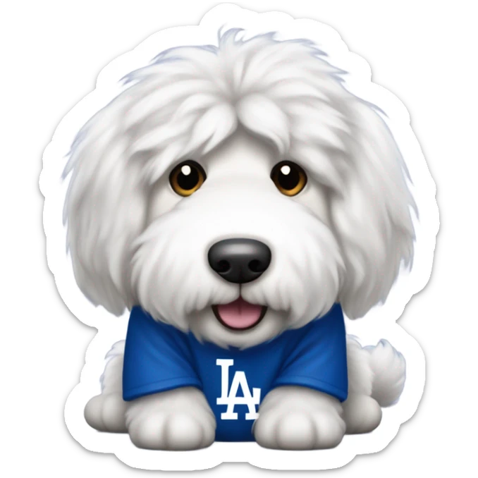 Old English sheepdog waiting for food wearing a Dodgers shirt sticker