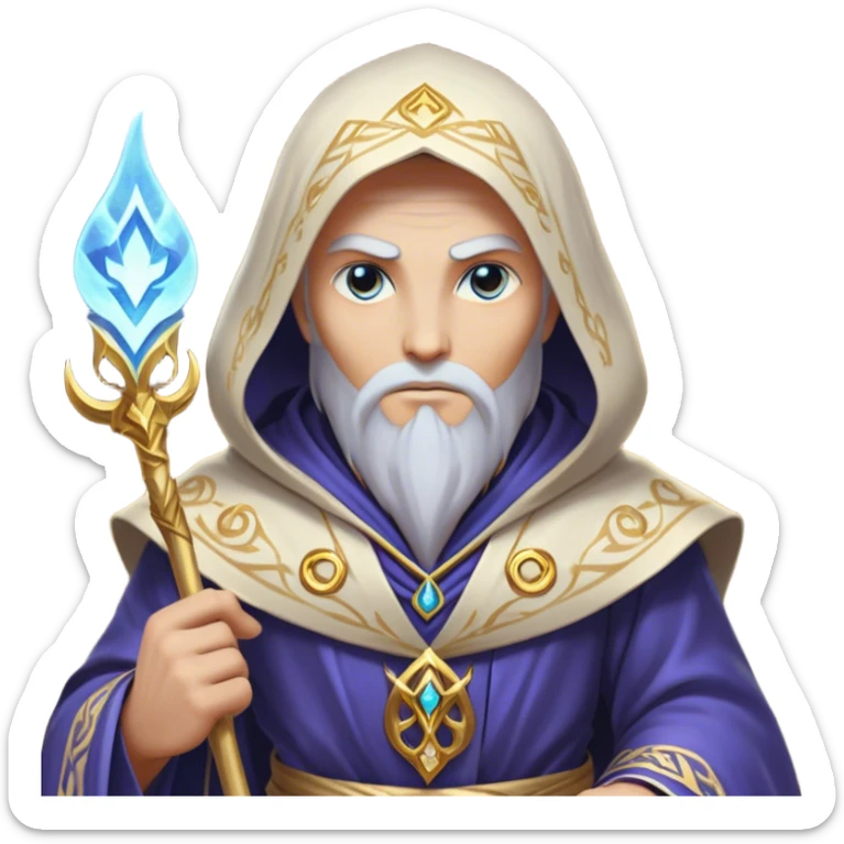 Clash of Clans aesthetic friendly Mage Portrait Emoji, With an enigmatic, slender build draped in flowing mystical robes adorned with arcane symbols, piercing eyes and a determined aura, his face rendered in a natural skin tone (not yellow), Simplified yet sharply defined features, highly detailed, glowing with a cool, otherworldly radiance, high shine, wise and resolute, stylized with an air of ancient sorcery, focused and mystical, soft glowing outline, capturing the essence of a powerful mage ready to unleash enchanted spells on epic adventures! sticker