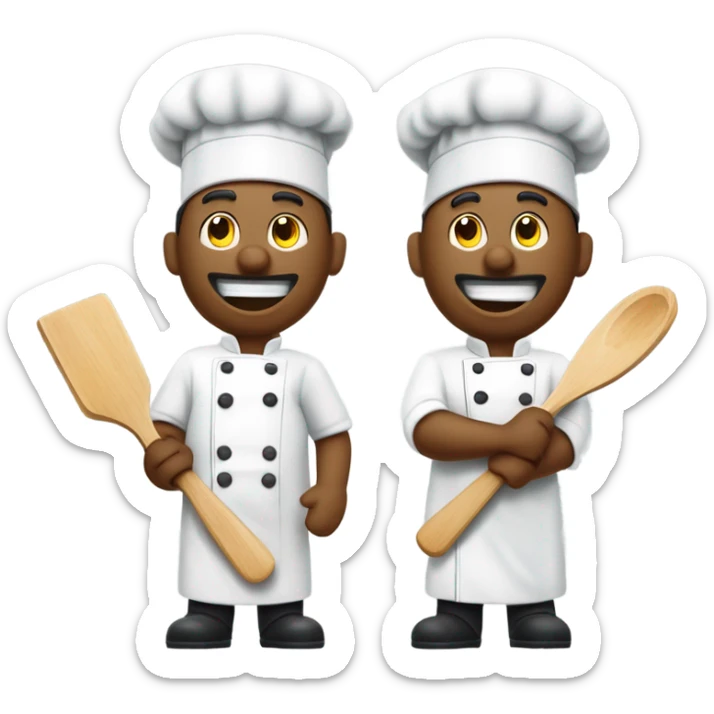 artoon chefs, one holding a spatula and the other a cleaver, are depicted against a light gray background.
The scene composition features two separate, but similar, figures, positioned vertically.  Each figure is centered and presented in a three-quarter view.  The timing is static, implying a moment of action or preparation. The figures are framed to isolate them, emphasizing each character's distinct pose and culinary tools.  The elements are positioned to direct attention to the figures and tools. sticker