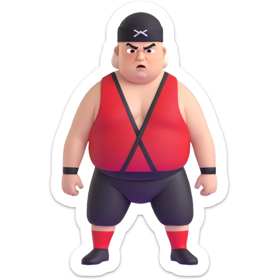Close-up of white skin fat guy with young face, no muscle with prominent black durag, completely shaved face, no beard or mustache, black eyes in a red and black wrestling singlet with angry face sticker