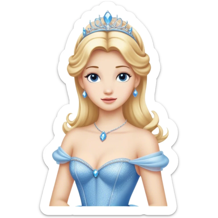 Cinematic Realistic Cinderella Portrait, showcasing her regal elegance in a full ball gown rendered with exquisite detail. Her fair, luminous skin and lustrous blonde hair are highlighted by subtle, shimmering accents and gentle natural light, evoking a magical, transformative aura. sticker