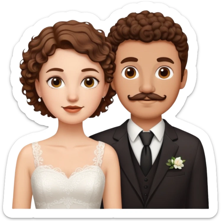 wedding with white girl brown short hair and guy with brown curly hair and mustache  sticker