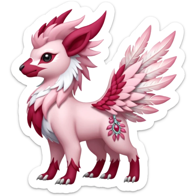 Floral feathery pastel pink and ruby-jewelry-adorned Absol-Amaura-fusion-Fakemon-animal-creature  sticker