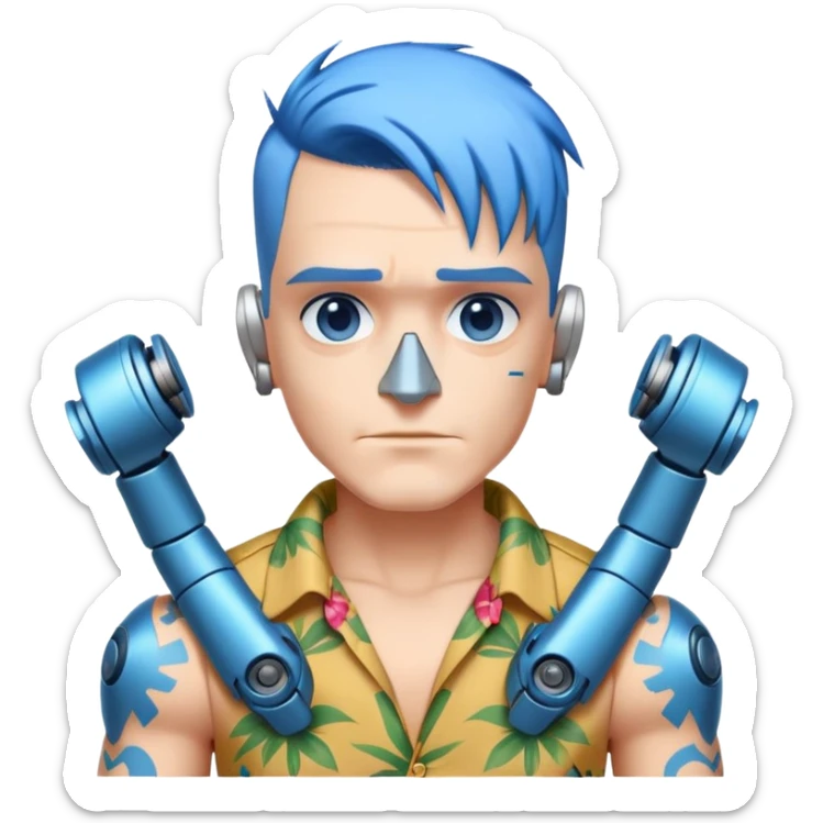 Franky with blue hair, metal nose, Hawaiian shirt, robotic arms sticker