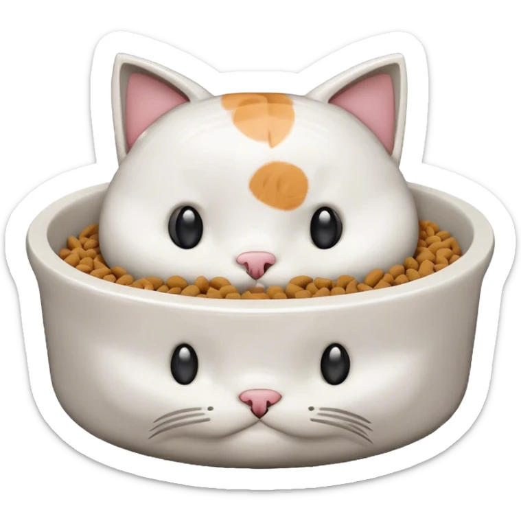 Cute pixel art cat shaped pet food bowl with white kibble piled on top of it sticker