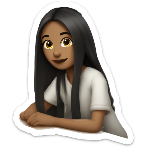 a girl with fair skin and dark long hair sits at a computer, books are lying nearby sticker