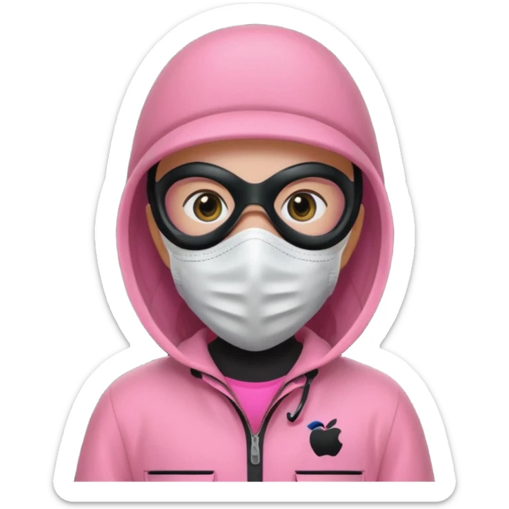 guard from Squid Game Round 6 wearing pink jumpsuit and black mask with white square, apple emoji style sticker