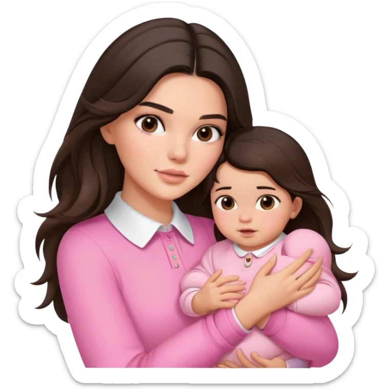 brunette Kendall Jenner with long hair holding on the hands a baby wear on pink collar sticker