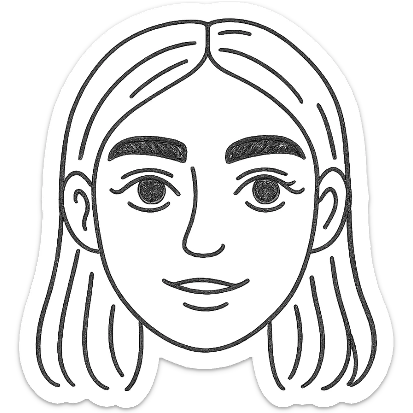 pretty girl with thick eyebrows, straight brown hair and brown eyes, curled eyelashes, hand drawn outlined icon sticker