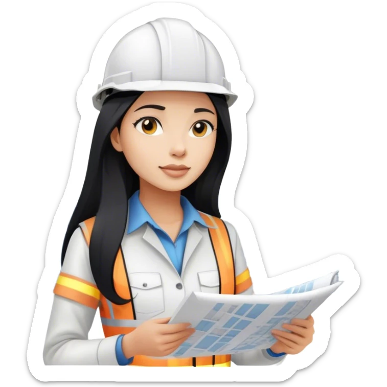 Female civil engineer with long black hair and wears white helmet looks at high rise buildings drawing plan  sticker