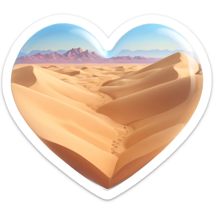 3D emoji of a glass heart, filled with smooth desert sand dunes, no greenery, highly realistic glass appearance sticker