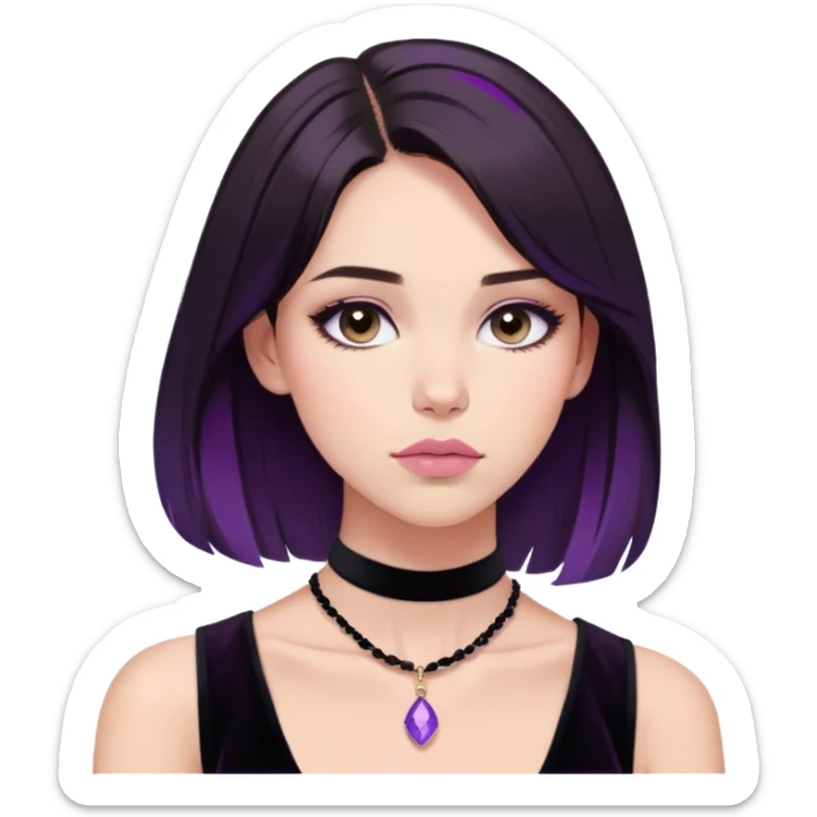 Close-up portrait of a young adult woman, light-skinned, likely in her late teens or early twenties.  Casual, contemplative pose with a thoughtful expression.  Medium-length, dark brown and violet hair, styled loosely around her shoulders.  Natural makeup, with a soft, rosy blush and neutral eyeshadow.  Pale pink lipstick complements the overall look.  Wearing a simple, wide black velvet choker necklace, and a black sleeveless top.  The subject's gaze is directed slightly off to the side, creating a sense of introspection.  sticker