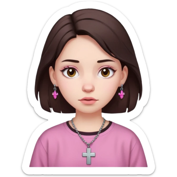 A girl with pale skin, a dark brown wolfcut,baggy pink shirt and cross earrings  sticker