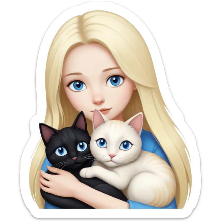 pretty woman with pale skin and with BLUE eyes and very long blonde hair  hugging a bicolor black and white cat sticker