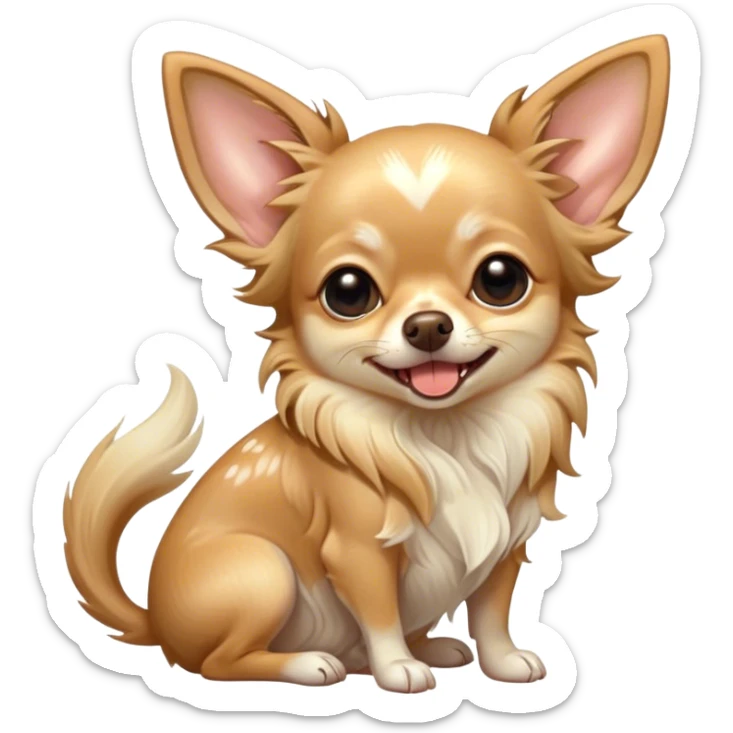 Cinematic Cute Yawning Long Haired Fawn Chihuahua Portrait Emoji, Head tilted slightly with a dramatic, wide-open yawn, flowing long fawn hair with delicate highlights, floppy ears slightly drooping, round dark eyes barely open in drowsy contentment, Simplified yet irresistibly adorable features, highly detailed, glowing with a soft, cozy glow, high shine, relaxed yet expressive, stylized with a touch of whimsy, bright and endearing, soft glowing outline, capturing the essence of a sleepy yet affectionate companion, so drowsy it feels like it could stretch right out of the screen and curl up for a nap! sticker