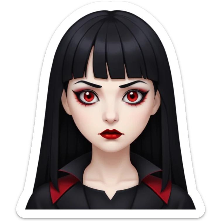 pale woman with black long straight black hair red sleepy eyes with black eyeliner black lipstick vampire teeth straight short bangs serious expression with thin black eyebrows nose piercing black clothe  sticker