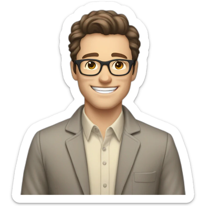 Joyful Pale skinned Fit Man With dark brown hair in gray jacket, beige office shirt, Brown pants and vintage glasses. His thrumbs up sticker
