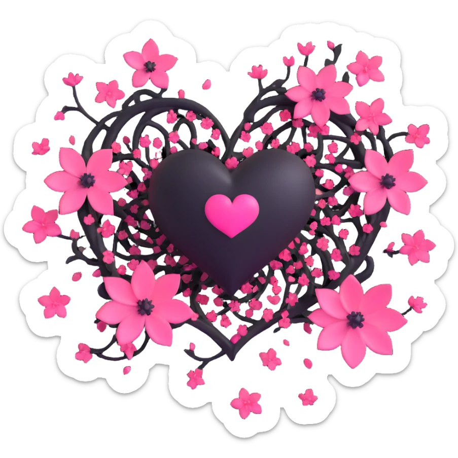 goth sakura black heart with sakura petals swirling and glowing, ethereal and vibrant sticker