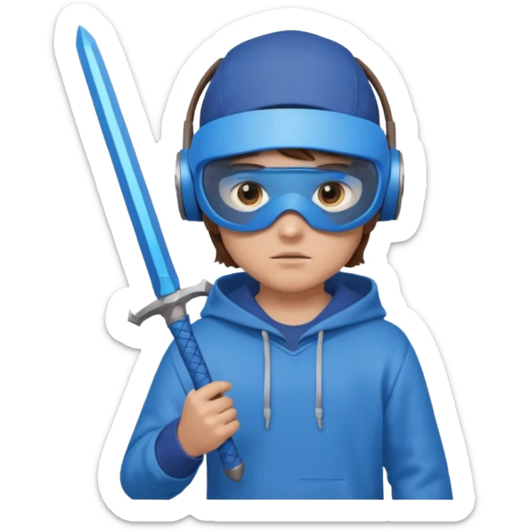 a boy with brown hair, a blue vr headset. a blue hoodie and a blue sword and remove the cap sticker
