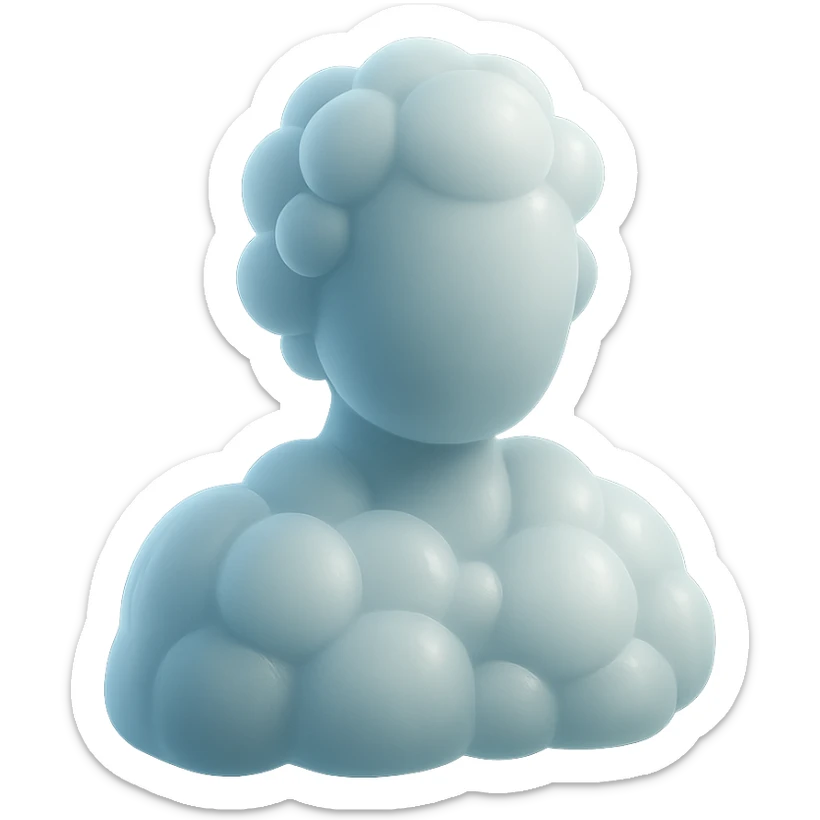A person from the shoulders up, entirely composed of fluffy white convex clouds sticker