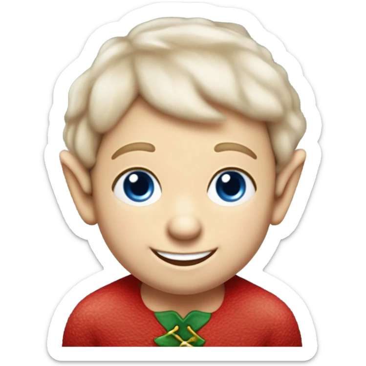 Cute elf on the shelf boy with pale skin, a mischievous smile, rosy cheeks and big blue eyes sticker