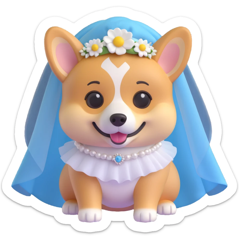 female corgi wearing a bridal veil, 3d emoji style with 20% realistic features, cute and expressive sticker